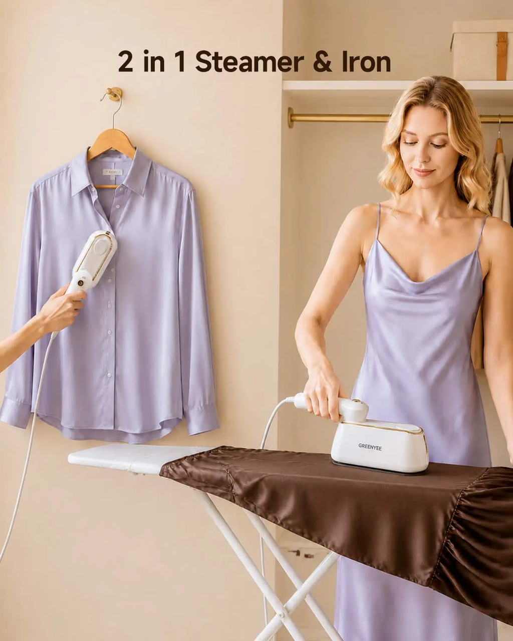 GREENYEE 2-in-1 Garment Steamer & Iron, 5s Fast Heat-Up, 120V Input, Ceramic Sole, Large Iron Plate, 1-Touch Operation, Powerful Steam, Foldable Handle, Compact Form Portable Steamer for Home & Travel,sohochic
