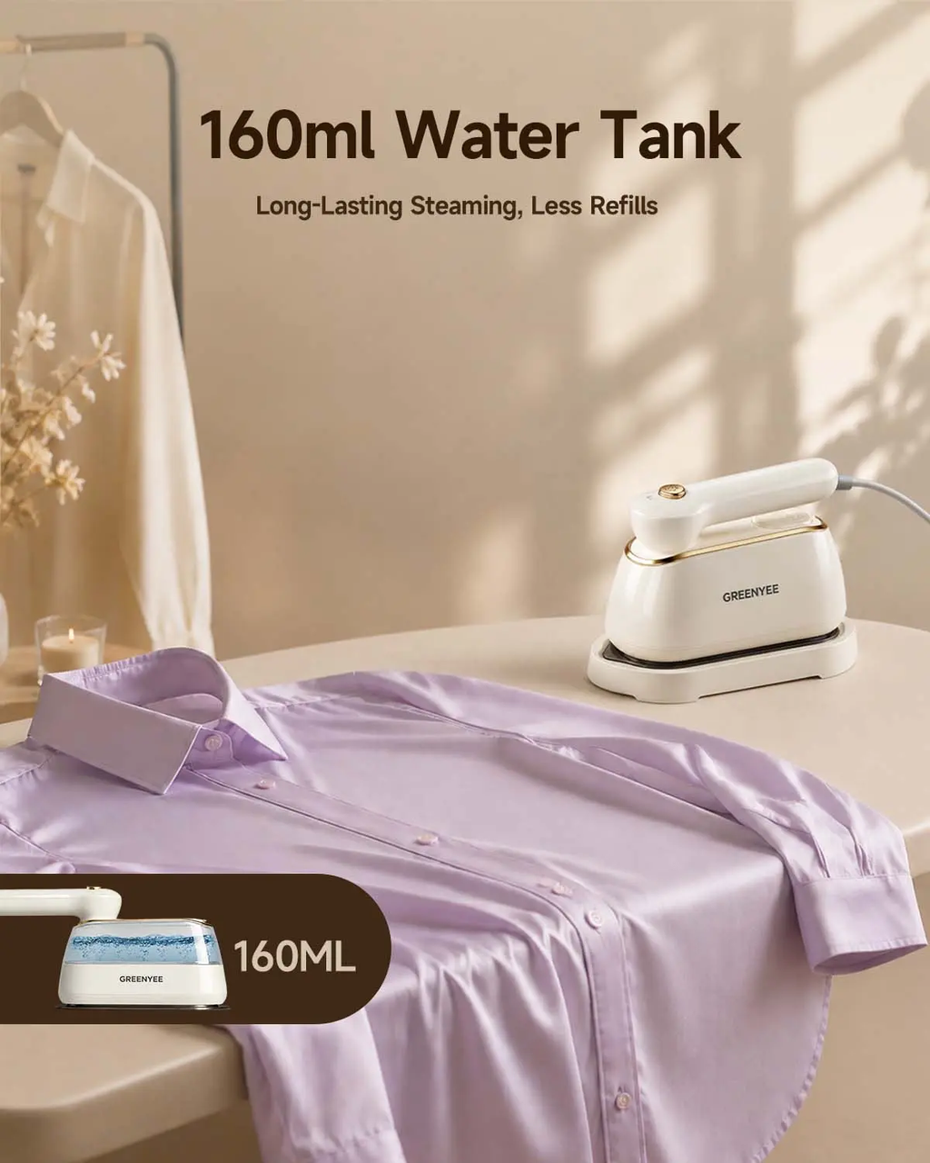 GREENYEE 2-in-1 Garment Steamer & Iron, 5s Fast Heat-Up, 120V Input, Ceramic Sole, Large Iron Plate, 1-Touch Operation, Powerful Steam, Foldable Handle, Compact Form Portable Steamer for Home & Travel,sohochic